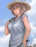  breasts brown_hair casual cloud day hat large_breasts older open_mouth rozen_maiden short_hair sky solo souseiseki straw_hat tan tsuda_nanafushi 