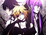  androgynous bare_shoulders black_dress black_flower black_rose blonde_hair blue_eyes blue_hair dress earrings elbow_gloves eyepatch flower gloves hair_ribbon imitation_black_(vocaloid) jewelry kagamine_len kaito kamui_gakupo kayu lipstick long_hair makeup male_focus multiple_boys ponytail purple_hair ribbon rose vocaloid 