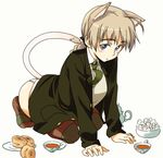  all_fours animal_ears bad_id bad_pixiv_id black_tea blue_eyes blush braid brown_hair cat_ears cup food kneeling long_hair lynette_bishop ningen_(ningen96) panties plate scone simple_background single_braid solo strike_witches striped striped_legwear sugar_bowl sugar_cube sweater tail tea teacup teapot thighhighs underwear white_background world_witches_series 