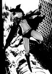  black_rock_shooter black_rock_shooter_(character) black_rock_shooter_(character)_(cosplay) burning_eye cape cosplay explosion glowing glowing_eyes greyscale hair_ribbon kagamine_rin kunieda midriff monochrome ribbon shorts solo vocaloid 