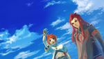  asch blue_background cloud day gloves green_eyes long_hair luke_fon_fabre male_focus multiple_boys red_hair sky smile surcoat tales_of_(series) tales_of_the_abyss wataame 