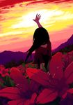  black_hair field flower hands long_hair original outstretched_arm outstretched_hand reaching sky solo sunset yukihiko 