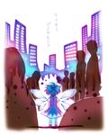  ahoge bow cirno city crowd dress from_behind hair_bow iosys megumiya short_hair touhou translated wings 