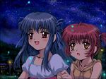  air fireflies hair_ribbon long_hair michiru_(air) multiple_girls mutsuki_(moonknives) night oekaki red_eyes red_hair ribbon toono_minagi twintails 