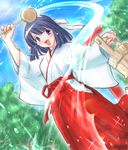  artist_request blue_eyes blue_hair bucket character_request copyright_request dutch_angle headband hishaku japanese_clothes miko non-web_source short_hair solo water 