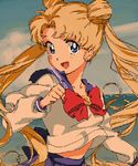  bad_id bad_pixiv_id bishoujo_senshi_sailor_moon blonde_hair blue_eyes blue_sailor_collar bow day double_bun juuban_middle_school_uniform long_hair lowres midriff oekaki orie red_bow sailor_collar school_uniform serafuku sky smile solo tsukino_usagi twintails upper_body 