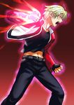  angry blonde_hair clenched_hands energy fatal_fury glowing glowing_eye jacket lithiumia male_focus mark_of_the_wolves open_mouth pants red_background red_eyes rock_howard shirt snk solo 