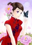  animal animal_on_hand bad_id bad_pixiv_id bangs bare_arms beads breasts brown_hair bug butterfly butterfly_on_hand china_dress chinese_clothes closed_mouth dress earrings eyelashes face floral_print flower full_moon hair_beads hair_bun hair_ornament insect jewelry medium_breasts moon original peony_(flower) petals pink_flower pink_lips plant plum_blossoms print_dress purple_background purple_eyes red_dress short_sleeves side_slit smile solo swept_bangs toyoda_izumi upper_body 