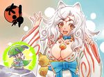  amaterasu animal_ears breasts cleavage dog_ears issun japanese_clothes kimono large_breasts ookami_(game) personification tsuutenkaaku white_hair yukata 