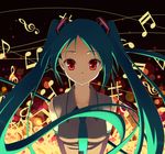  aqua_hair detached_sleeves hatsune_miku long_hair musical_note red_eyes saya_(temporubato) solo twintails vocaloid 