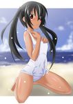  bad_id bad_pixiv_id barefoot beach black_hair blush brown_eyes day k-on! kneeling kuronyan long_hair nakano_azusa one-piece_swimsuit school_swimsuit solo swimsuit tan twintails white_school_swimsuit white_swimsuit 