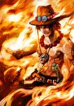  fiery_background fire hat jewelry lack male_focus manly muscle necklace one_piece orange_(color) orange_background portgas_d_ace shirtless solo 