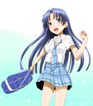  bag blue_hair blush happy idolmaster idolmaster_(classic) kisaragi_chihaya long_hair minazuki_tsuyuha necktie rough_time_school school_uniform skirt solo 