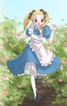  alice_(wonderland) alice_in_wonderland apron blonde_hair brown_eyes clenched_hands day dress girly_running hair_ribbon lingerie outdoors pantyhose petticoat ribbon running smile solo tomiwo twintails underwear white_legwear 