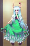  bangs blue_hair blush breasts cleavage coffee_cat covering_mouth dress ex-keine gradient_hair green_dress hand_over_own_mouth hands horn_ribbon horns kamishirasawa_keine long_hair medium_breasts multicolored_hair pink_eyes ribbon silver_hair skirt_hold solo standing touhou very_long_hair 