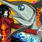  alucard_(hellsing) black_hair coat fish gloves heart hellsing lowres male_focus oekaki overcoat single_glove solo sparkle swordfish translated water what 