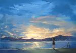  bird lake maigoyaki mountain original pleated_skirt scenery school_uniform serafuku skirt sky solo twilight wind 