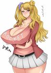  asymmetrical_hair blue_eyes blush breast_hold breasts cardigan casual cleavage earrings galko huge_breasts jewelry long_hair necklace one_side_up open_cardigan open_clothes oshiete!_galko-chan otogi_tetsurou pleated_skirt sagging_breasts scrunchie side_bun skirt solo translation_request wide_hips 