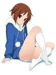  blush brown_eyes brown_hair hood hood_down ice_climber jacket kneehighs looking_at_viewer male_focus musashimaru no_shoes otoko_no_ko pom_pom_(clothes) popo_(ice_climber) short_hair sitting smile solo white_legwear winter_clothes 
