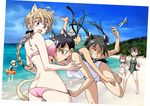  agahari ahoge alternate_costume animal_ears ass bare_shoulders barefoot beach bikini_pull black_hair blonde_hair blue_eyes blush bow braid breasts brown_eyes brown_hair bug cleavage closed_eyes cloud day dragonfly erica_hartmann eyepatch eyepatch_lift francesca_lucchini gertrud_barkhorn grin hair_bow hair_ribbon horizon innertube insect large_breasts long_hair lynette_bishop minna-dietlinde_wilcke multicolored_hair multiple_girls ocean one-piece_swimsuit open_mouth outdoors panties ponytail pulled_by_another red_hair ribbon sakamoto_mio school_swimsuit single_braid sky smile strike_witches striped striped_panties sweatdrop swimsuit tackle tail twintails two-tone_hair underwear wading white_school_swimsuit white_swimsuit world_witches_series yellow_eyes 