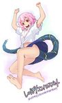  arms_up bare_legs barefoot flat_chest jumping monster_girl musashimaru oyamada_hana panties pink_hair red_eyes school_uniform serafuku shippo!_enhancement short_hair skirt smile soles solo tail toes underwear white_panties 