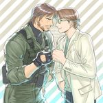  bacher brown_hair facial_hair fingerless_gloves fist_bump glasses gloves hal_emmerich iroquois_pliskin labcoat metal_gear_(series) metal_gear_solid_2 multiple_boys solid_snake stubble uniform 