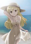  arm_behind_head arm_up armpits beach blonde_hair breasts cleavage collarbone day dress hair_down hat long_hair mahou_shoujo_madoka_magica medium_breasts see-through_silhouette solo sun_hat sundress tomoe_mami yellow_eyes yukimura_kaname 