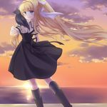  air bad_id bad_pixiv_id bird blonde_hair blue_eyes bow crow hair_bow hair_ornament hair_ribbon horizon kamio_misuzu long_hair looking_at_viewer ocean ponytail ribbon satou_aoi smile sunset twilight very_long_hair 