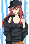  bad_id bad_twitter_id baseball_cap breasts character_name cleavage dated free! hair_down hat long_hair matsuoka_gou medium_breasts off_shoulder red_eyes red_hair smile solo tank_top wakaji 