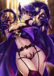 boken_fantasy breasts bursting_breasts garter_belt gloves grin highres horns large_breasts long_hair open_cloak pointy_ears ponytail purple_eyes purple_hair queen's_blade queen's_blade_rebellion smile solo standing strapless_bottom thighhighs very_long_hair werbellia 