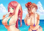  aqua_bikini areola_slip areolae arm_up bangle beach bikini bikini_pull bird blush bracelet breasts brown_hair cloud collarbone covered_nipples day flower food food_in_mouth green_eyes hair_flower hair_ornament hairclip hibiscus jewelry large_breasts long_hair melting messy micro_bikini multiple_girls mushi_aoi navel ocean open_mouth original outdoors pink_hair popsicle pulled_by_self purple_bikini red_eyes sexually_suggestive side-tie_bikini sky swimsuit tongue 