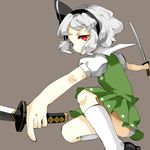  black_hairband dual_wielding hair_ornament hairband hillly_(maiwetea) holding katana konpaku_youmu looking_at_viewer panties pantyshot pleated_skirt red_eyes short_hair silver_hair simple_background skirt solo sword touhou underwear weapon white_legwear 