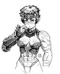  armor breasts greyscale japanese_armor lips looking_at_viewer medium_breasts menpoo monochrome muscle muscular_female original parted_lips po-ju pointy_ears short_hair signature solo white_background 