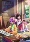  black_hair book book_hug book_stack bookshelf bow calligraphy_brush cherry_blossoms detached_sleeves flower hair_bow hair_flower hair_ornament hair_tubes hakurei_reimu hieda_no_akyuu holding holding_book japanese_clothes jinyuan712 kimono long_sleeves multiple_girls open_door paintbrush purple_eyes purple_hair scroll shirt sitting skirt skirt_set smile table tatami touhou tree upskirt veranda wide_sleeves 