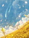  ahoge blue_sky cloud day dress fantasy field highres horizon light_particles meteor original sakimori_(hououbds) scenery short_hair sky solo star_(sky) starry_sky wheat 