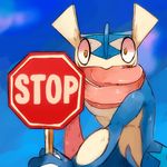  english_text gamefreak greninja long_tongue looking_at_viewer nintendo octagon_shape open_mouth pok&#233;mon pok&eacute;mon reaction_image sign solo stop stop_sign text tongue video_games wide_eyed yellowfur 