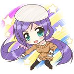  air_hockey beret chibi endori green_eyes hat long_hair love_live! love_live!_school_idol_project lowres open_mouth orange_shirt purple_hair shirt smile solo sweater thighhighs toujou_nozomi 