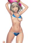  1girl areola_slip areolae ball beachball bikini blonde_hair breasts cameltoe cassandra_alexandra flower green_eyes hair_flower hair_ornament hairband highres kansuke medium_breasts nipple_slip nipples open_mouth solo soul_calibur swimsuit unaligned_breasts white_background 