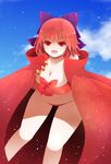  arano_oki bare_shoulders bikini blue_sky blush bow breasts cape cleavage cloud day hair_bow highres large_breasts open_mouth red_eyes red_hair ribbon sekibanki short_hair sky smile solo swimsuit touhou 