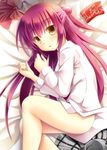  brown_eyes dress_shirt futaki_kanata iris_yayoi little_busters! long_hair lying on_side purple_hair shirt side_ponytail 