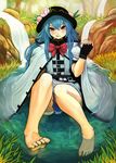  bad_id bad_pixiv_id barefoot blue_hair blush cape chewing feet food fruit hat hinanawi_tenshi hoshitetsu_ringo licking_lips long_hair partially_submerged peach red_eyes ribbon sitting smile solo tongue tongue_out touhou water 