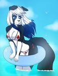  anthro bikini black_fur black_nose blue_eyes blue_hair breasts canada canine clothed clothing darkduck64 dog female fur hair half-closed_eyes janice long_hair mammal outside pool_toy ring sky solo standing swimsuit two_tone_hair water white_fur white_hair zyira 