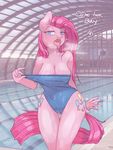  anthro anthrofied blue_eyes blush breasts breath camel_toe cleavage clothed clothing cutie_mark english_text equine female friendship_is_magic fur hair horse human humanized lonelycross long_hair looking_at_viewer mammal my_little_pony one-piece_swimsuit open_mouth pink_fur pink_hair pinkamena_(mlp) pinkie_pie_(mlp) pony solo standing swimsuit text tongue tongue_out wet 