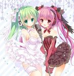  :d bad_id bad_pixiv_id beatmania beatmania_iidx bemani breasts cleavage detached_collar elbow_gloves frilled_skirt frills gloves green_eyes green_hair hair_ornament hinata_momo kitami_erika long_hair medium_breasts microphone_stand mizushiro_celica multiple_girls open_mouth purple_eyes purple_hair skirt smile twintails 