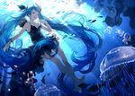  bare_shoulders barefoot black_dress blue_eyes blue_hair bubble dress hatsune_miku jellyfish legs long_hair nine_(liuyuhao1992) open_mouth shinkai_shoujo_(vocaloid) solo twintails underwater very_long_hair vocaloid 