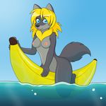  anthro areola banana black_nose blonde_hair blue_eyes breasts canine female floating fruit fur grey_fur hair kloe lafille looking_at_viewer mammal nipples nude outside sky solo water wolf 