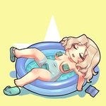  blonde_hair blush book breasts girls_und_panzer kay_(girls_und_panzer) medium_breasts navel nude open_mouth partially_submerged sandals sankuma shoe_dangle shoes short_hair single_shoe sleeping smile solo wading_pool water 