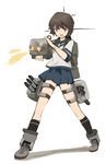  black_legwear blue_skirt brown_eyes brown_hair cannon firing full_body kantai_collection kuuro_kuro legband miyuki_(kantai_collection) open_mouth pleated_skirt school_uniform serafuku shadow shoelaces shoes short_hair simple_background skirt solo strap white_background 