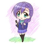  black_legwear blazer braid chibi diploma endori green_eyes hair_over_shoulder jacket long_hair love_live! love_live!_school_idol_project lowres open_mouth otonokizaka_school_uniform purple_hair school_uniform skirt smile solo thighhighs toujou_nozomi 