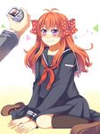  absurdres bad_id bad_pixiv_id blush bow camera fuchsia91 gekkan_shoujo_nozaki-kun hair_bow highres long_hair orange_hair polka_dot polka_dot_bow purple_eyes sakura_chiyo school_uniform solo_focus 